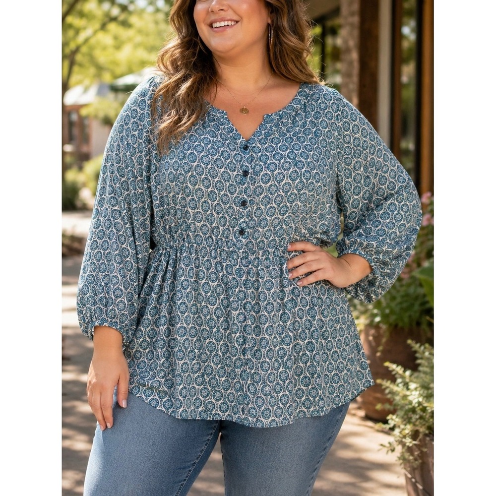 Terra & Sky Womens Top Blue 2X‎ Boho Peplum Medallion Print Blouse Casual Office